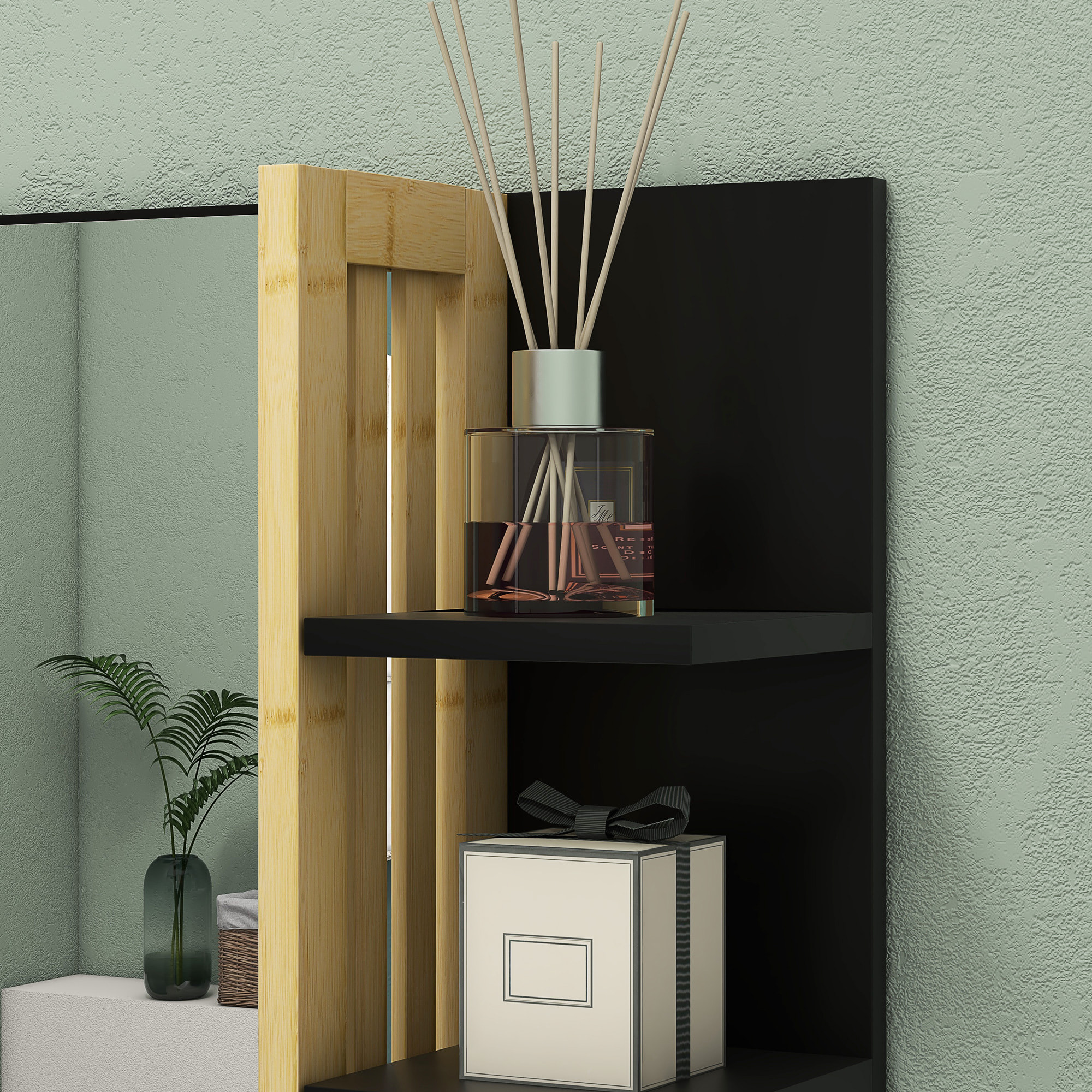 Miroir mural salle de bain - étagères - MDF noir bambou verni