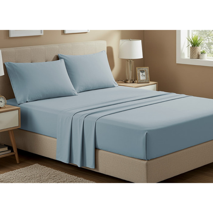 Completo Lenzuola No Stiro In Tinta Unita Con Angolo H.27 cm Colore Azzurro