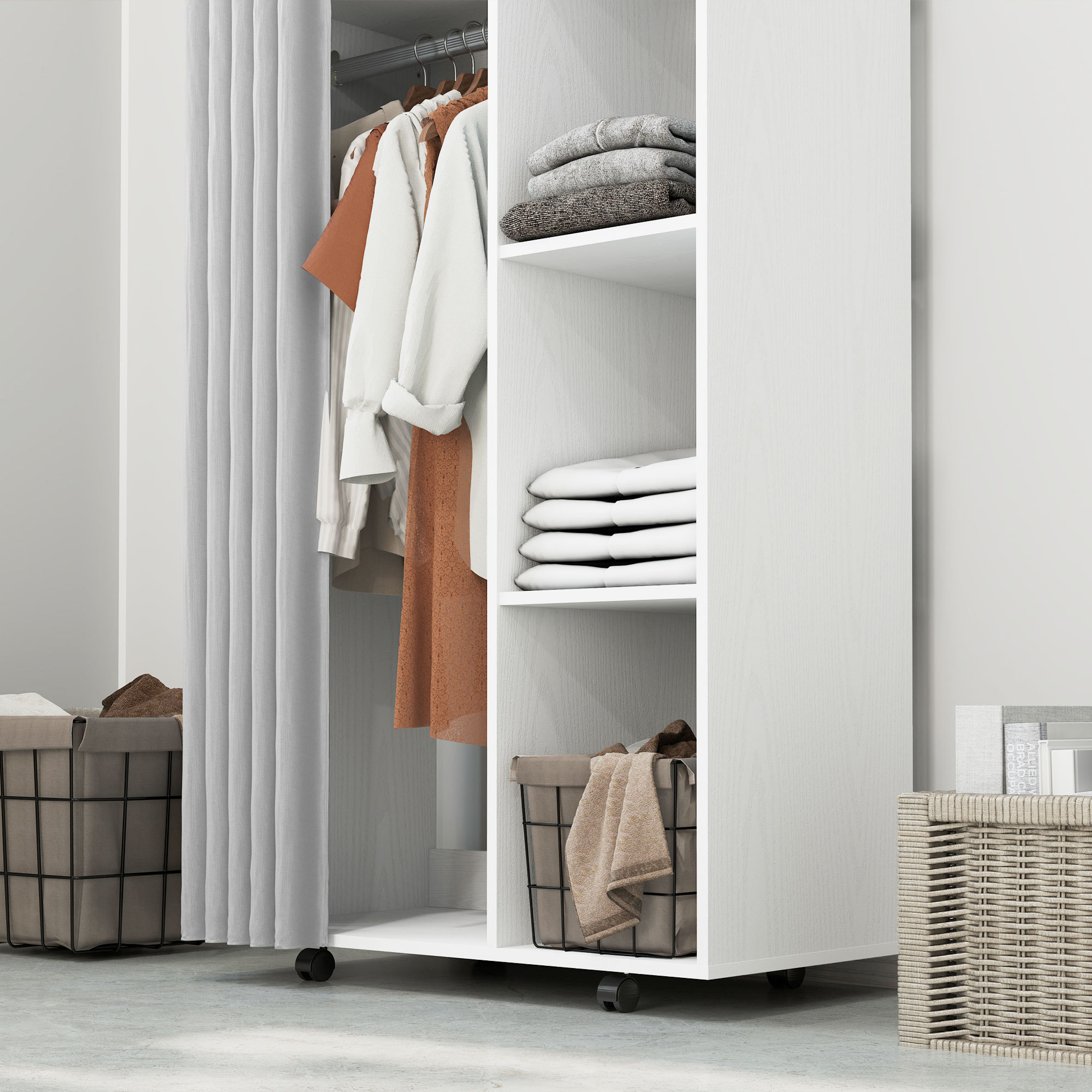 HOMCOM Armario Ropero con Ruedas, Armario para Ropa con Cortina, Barra para Colgar, 3 Estantes Abiertos, para Dormitorio, 80x40x128 cm, Blanco