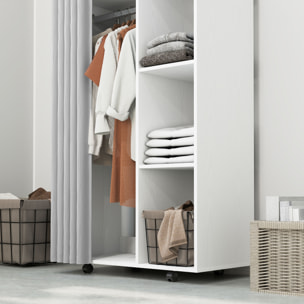HOMCOM Armario Ropero con Ruedas, Armario para Ropa con Cortina, Barra para Colgar, 3 Estantes Abiertos, para Dormitorio, 80x40x128 cm, Blanco