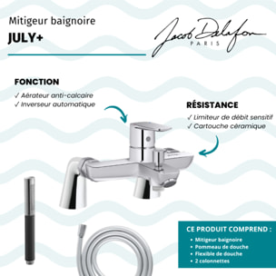 Mitigeur baignoire July+ + pommeau de douche Shift Ellipse + flexible de douche lisse + colonnettes
