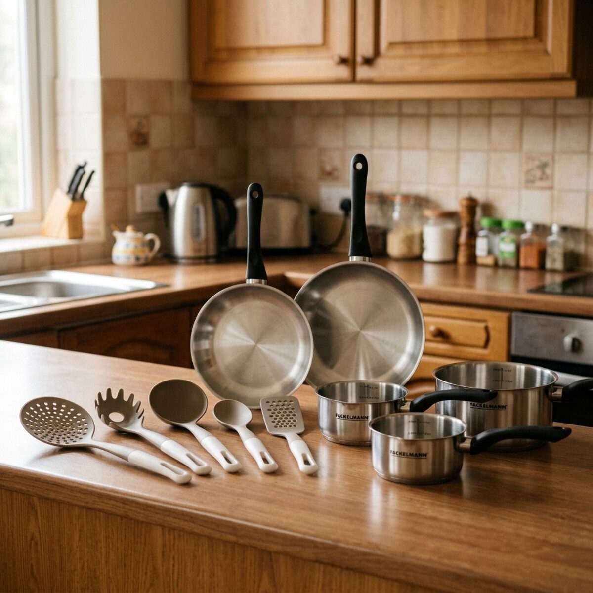 Lot de 2 Poêles et Casseroles 12/16/20 cm Fackelmann Geneva avec 5 ustensiles Vario