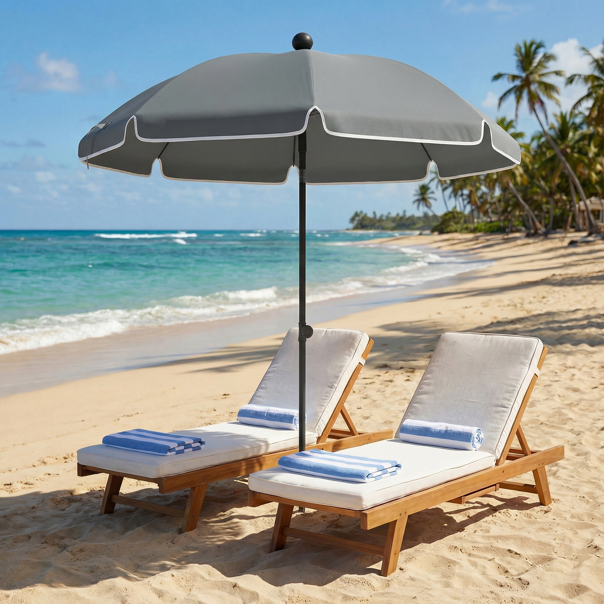 Parasol de plage inclinable dia. 1,5 m lambrequin vagues douces liseret blanc gris