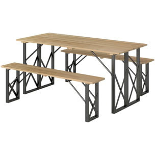 Ensemble table et 2 bancs en bois 6 personnes - table 160 cm avec espace parasol - acier épicéa