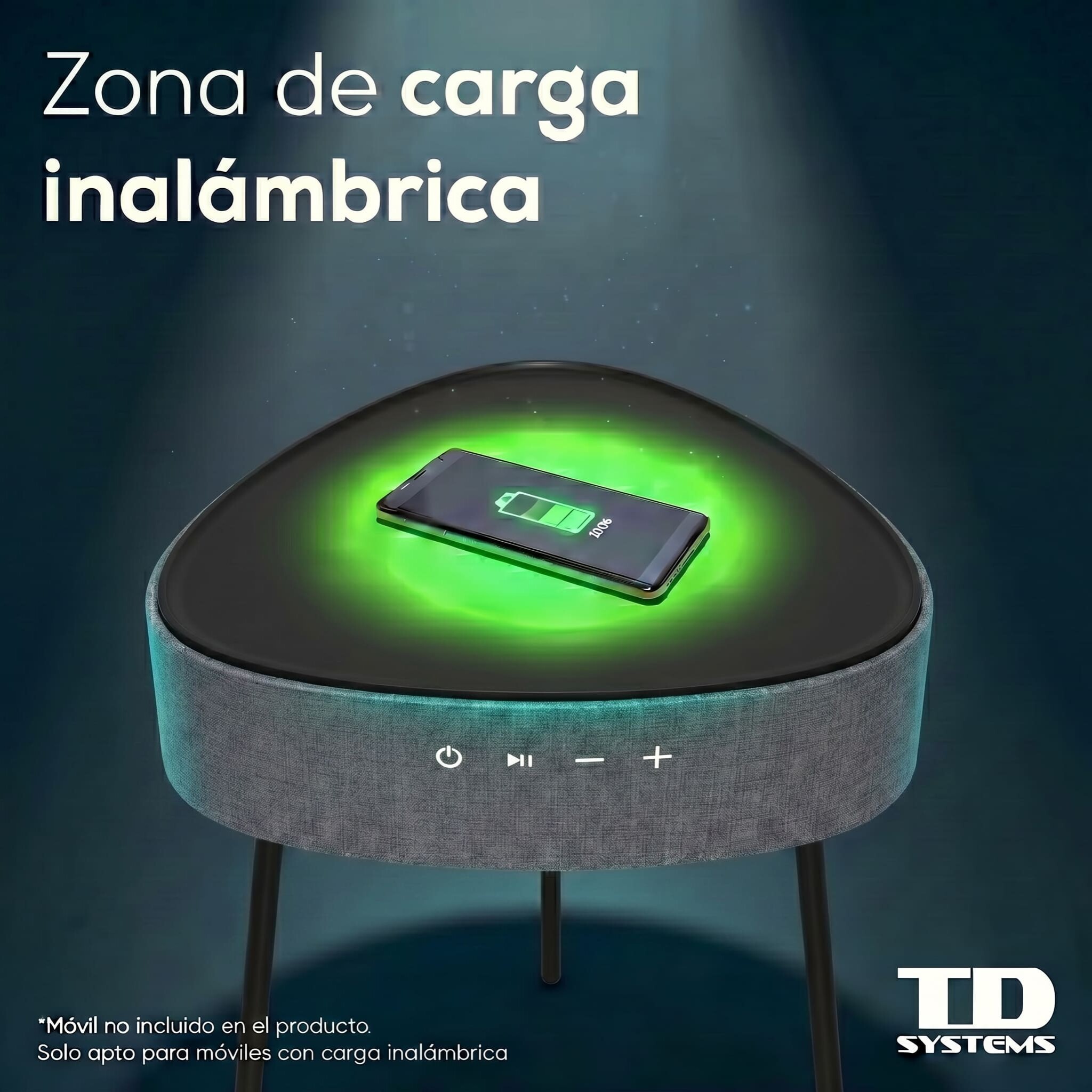 Mesa auxiliar altavoz portátil con sonido de 20W, Bluetooth, Base de carga inalámbrica, batería de 2500mAh. Mesilla o mesita para dormitorio o sala de estar - TD Systems SM20B11PGC [Gris claro]