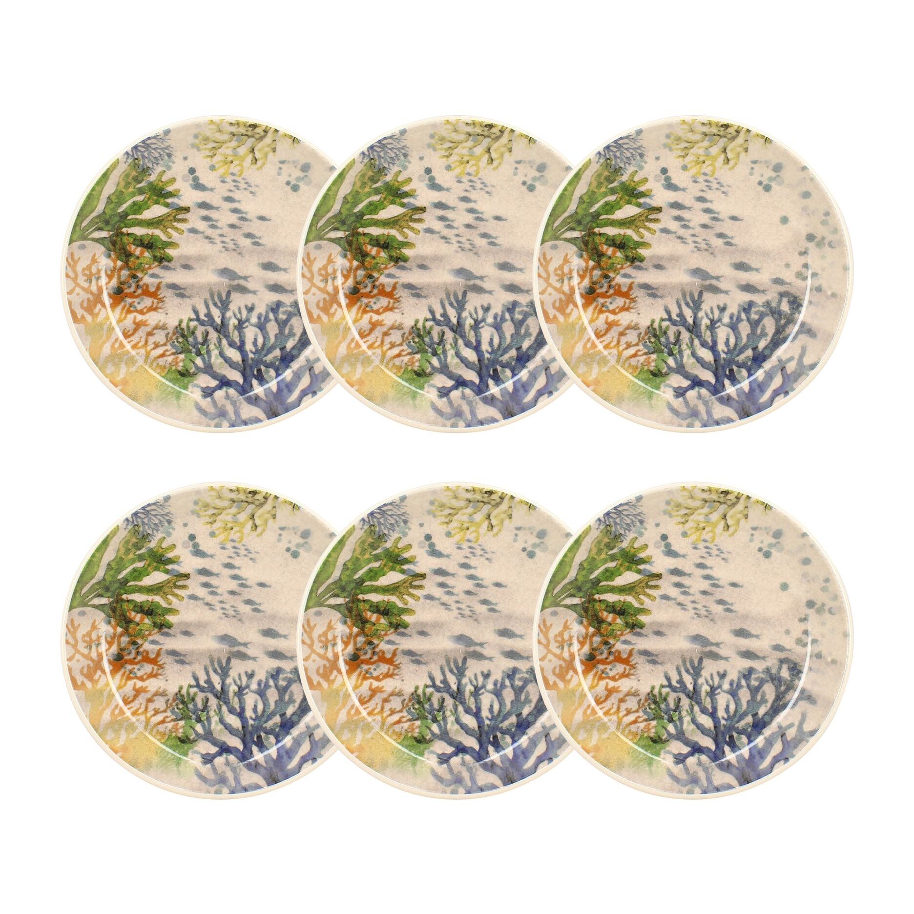 Lot de 6 assiettes creuses motif aquatique en grès 20,5cm CORFOU