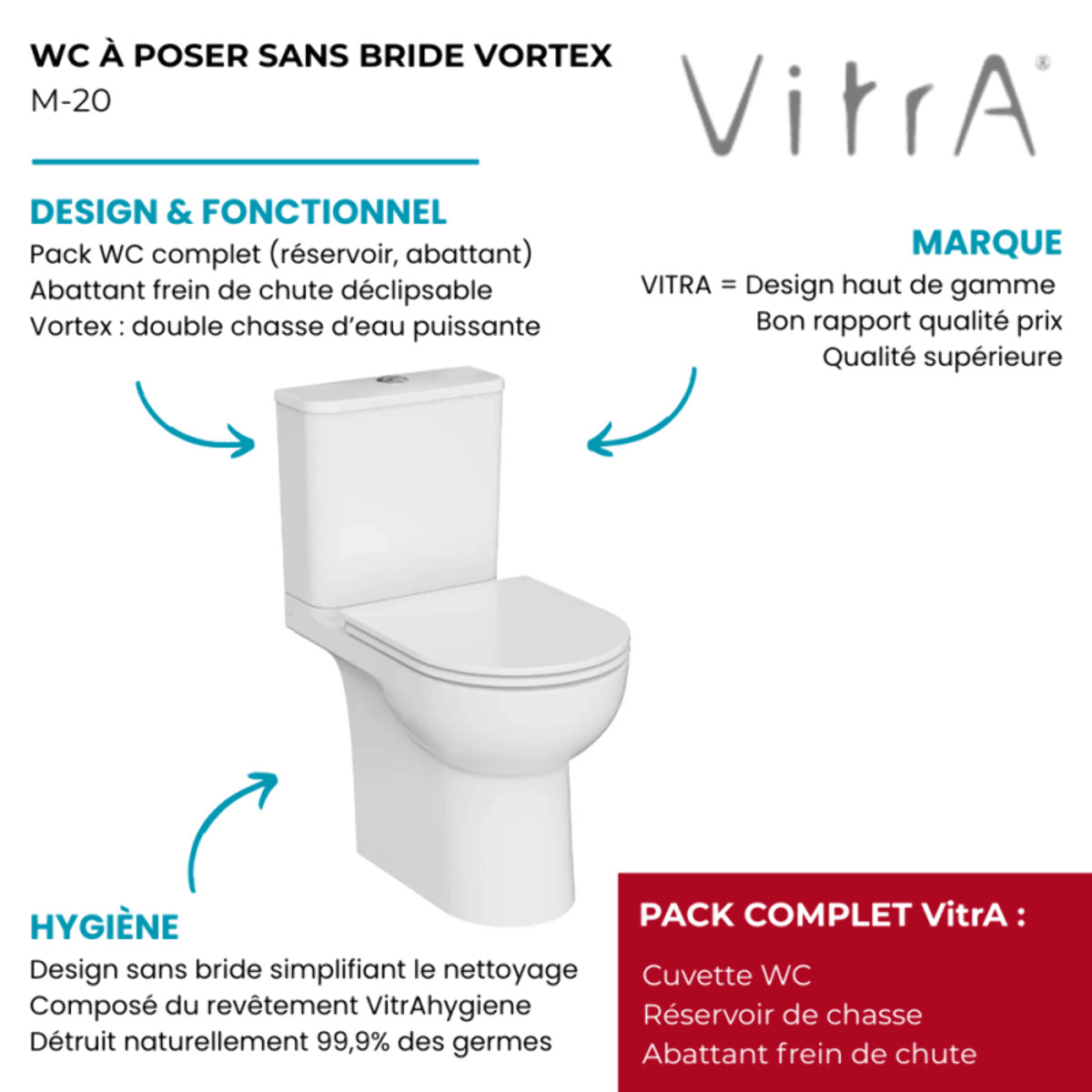 WC à poser sans bride sortie horizontale Vortex M-20 avec abattant frein de chute