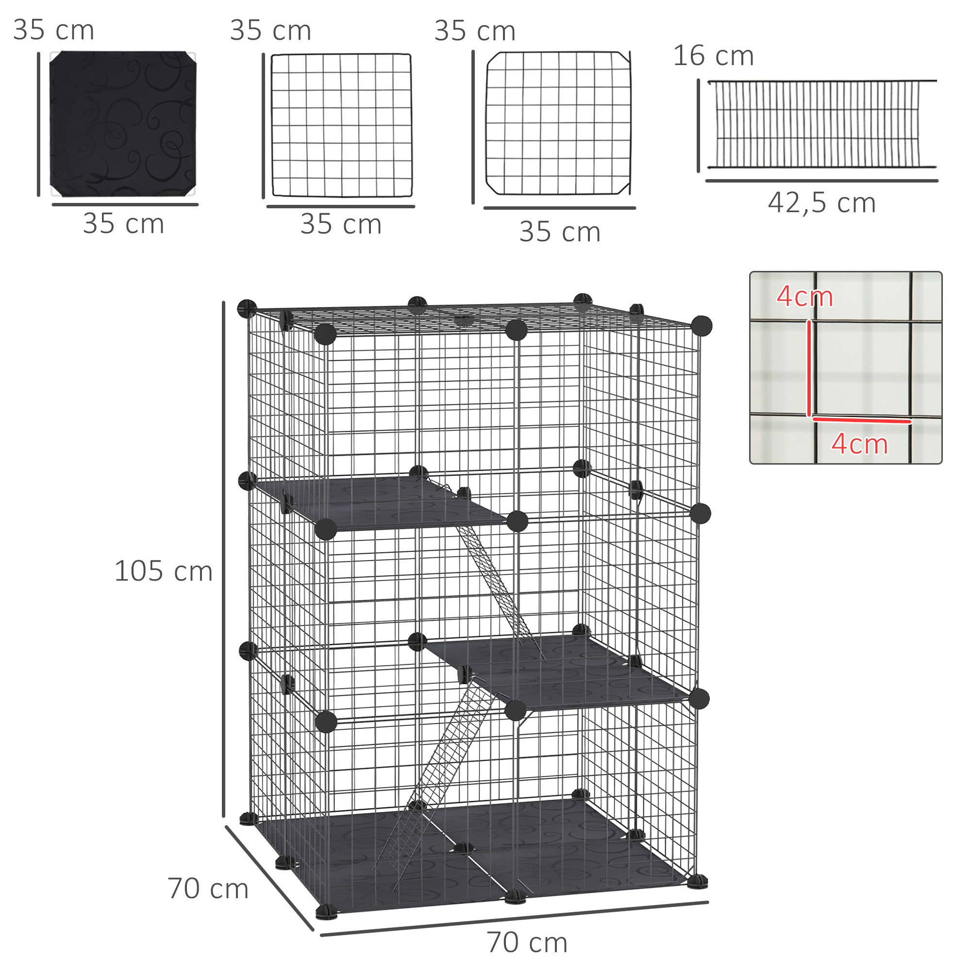 Jaula para Animales Pequeños de 3 Niveles Parque para Mascotas con Rampas y Forma Personalizable para Cobayas Conejos Chinchillas 70x70x105 cm Negro