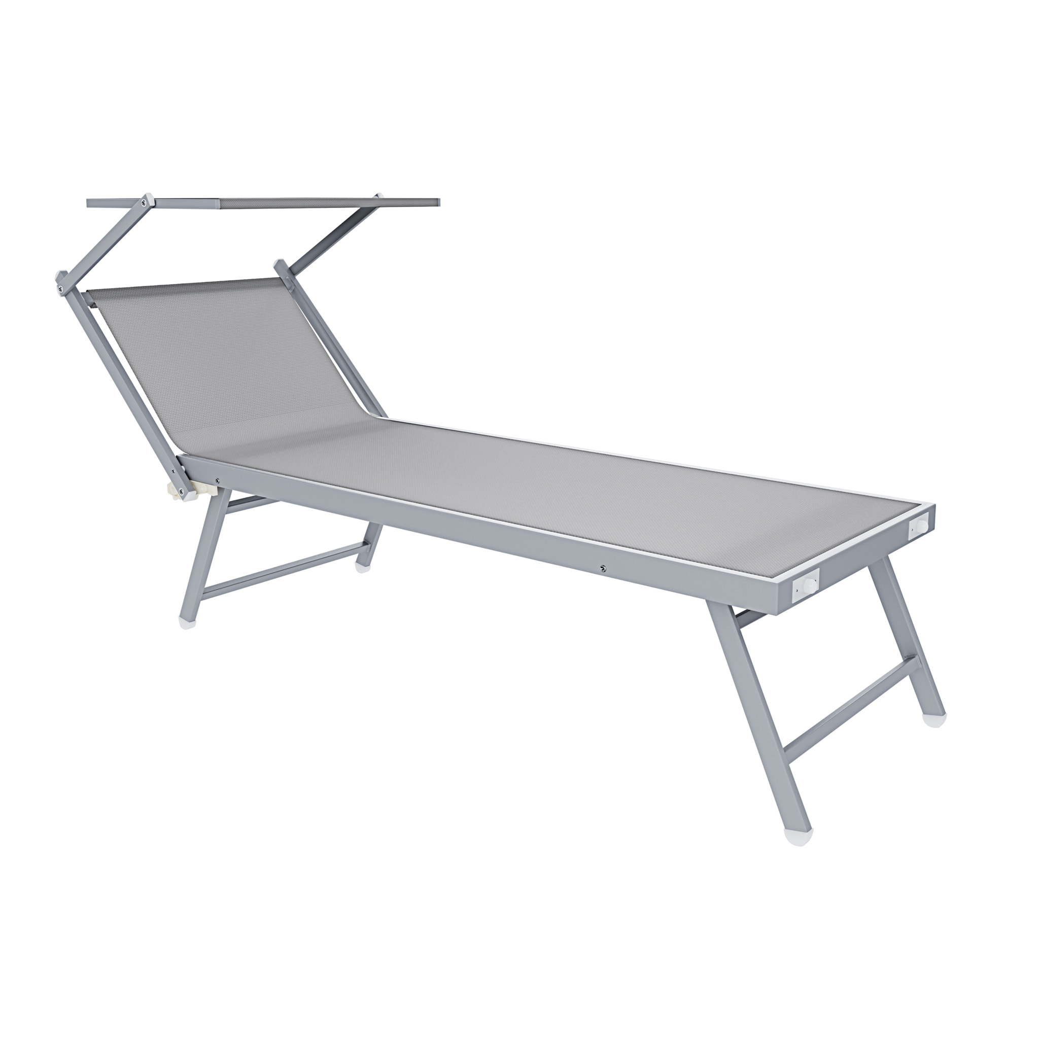Coppia Di Lettini Prendisole Pieghevole Professionale in Alluminio e Tessuto Textilene Tettuccio Parasole Sdraio Mare Spiaggia 182x60x38 cm Grigio