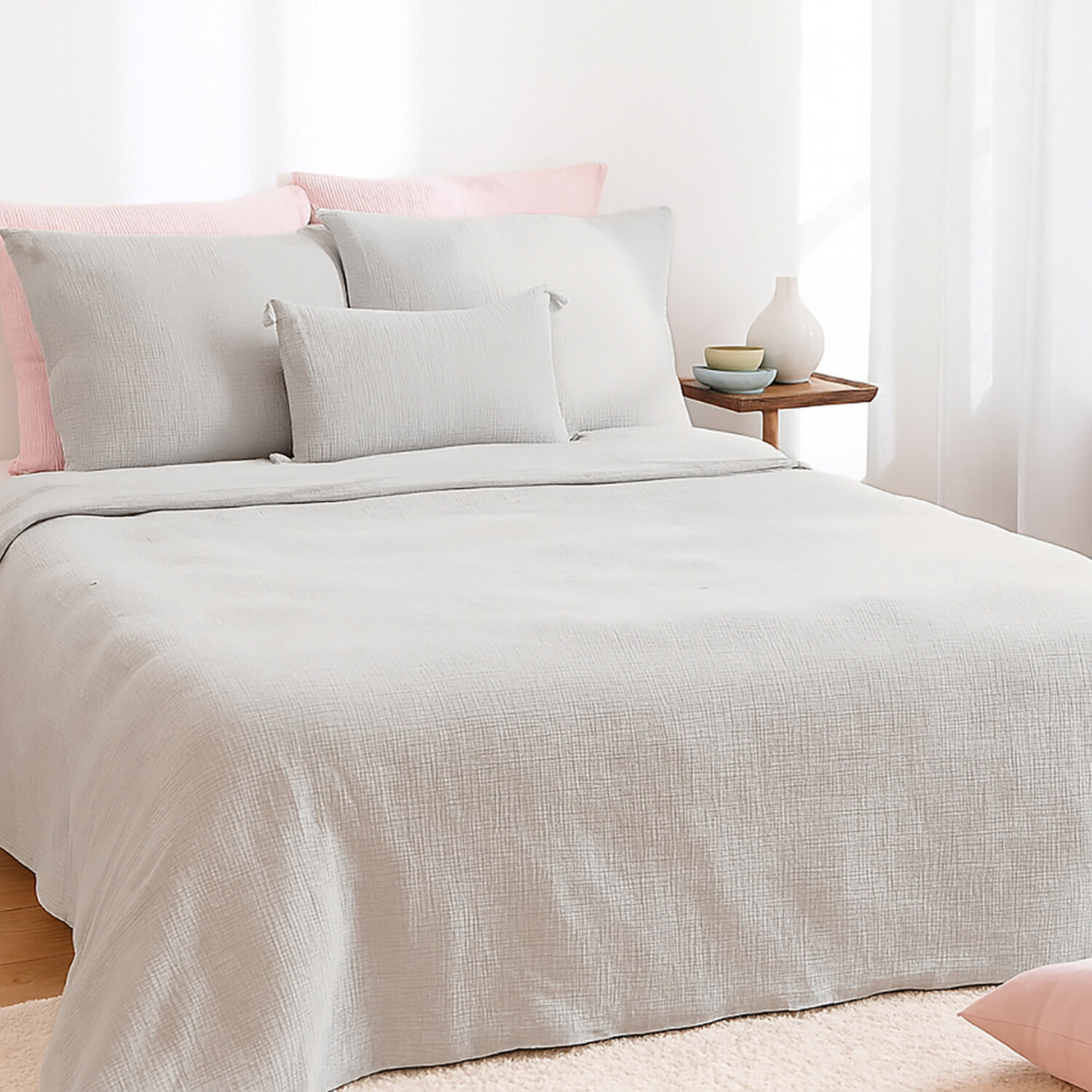 Parure housse de couette 100% gaze de coton gris