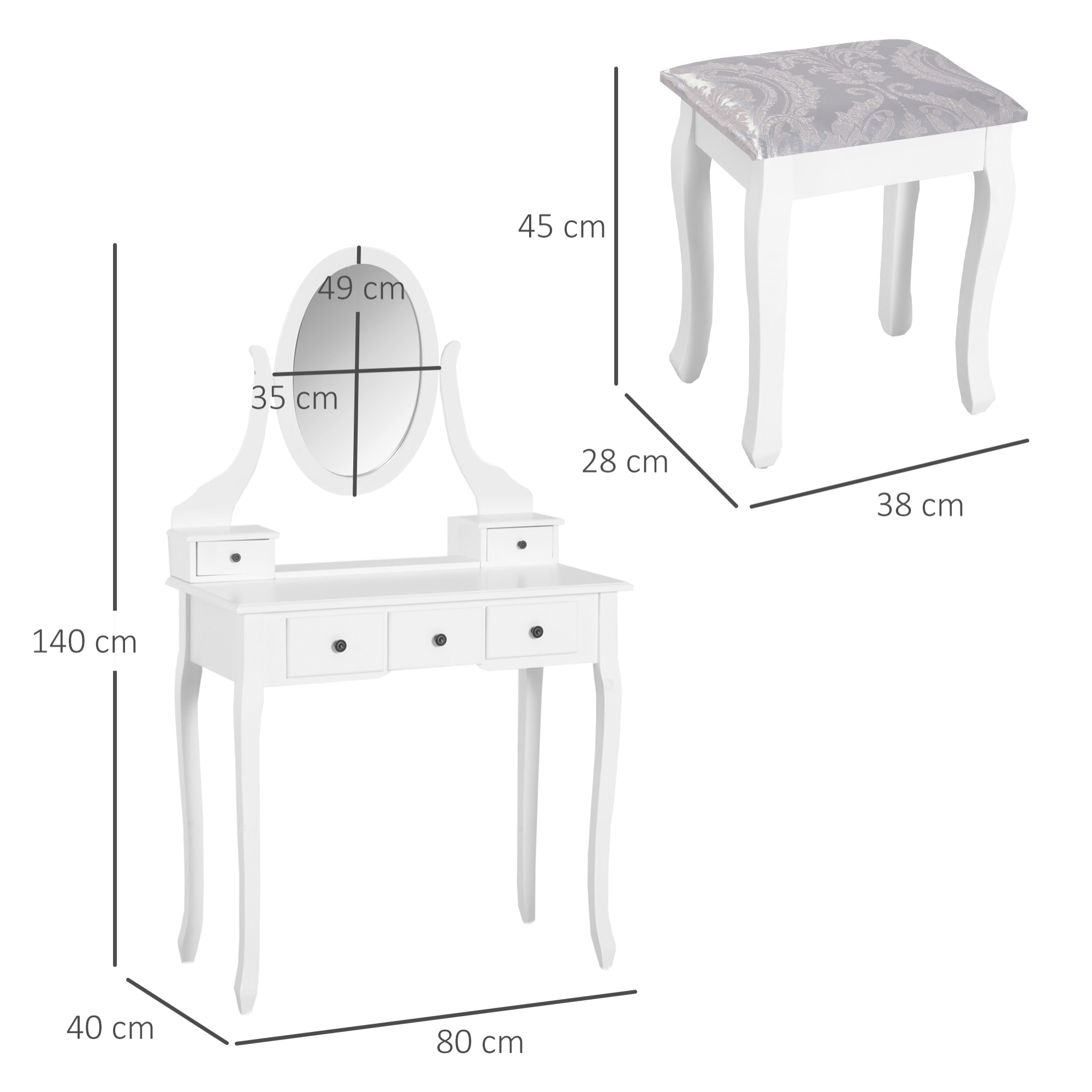 Coiffeuse et tabouret style baroque 5 tiroirs miroir ovale pivotant 360° MDF bois blanc