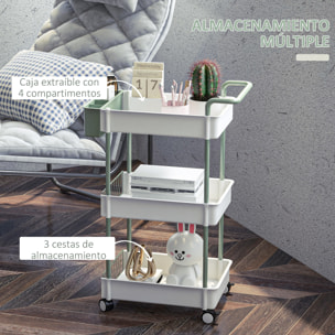 Carrito de Almacenamiento de 3 Niveles Carrito de Cocina con Asa y Caja Extraíble para Salón Comedor Oficina Baño 50x29,4x77 cm Blanco