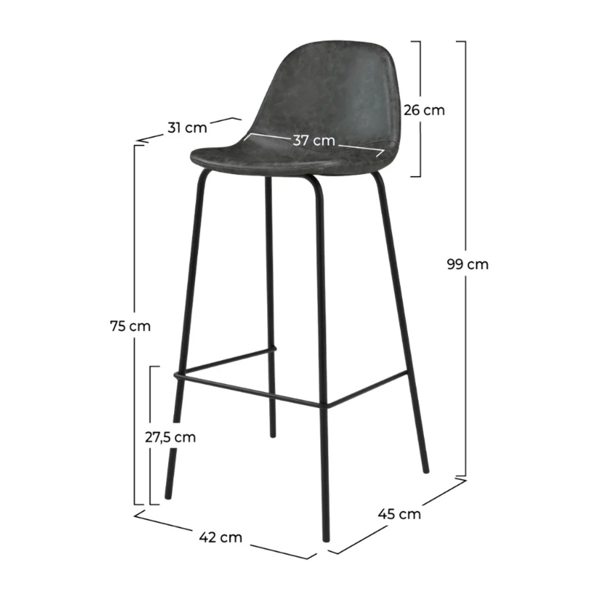 Lot de 2 chaises de bar 75 cm en cuir synthétique gris/noir - Henrik