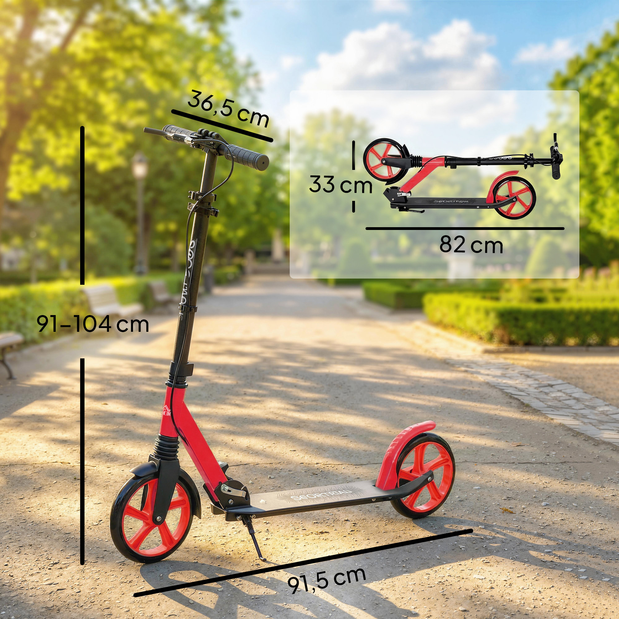 Patinete Plegable para Adultos y Niños de +14 Años Scooter Ligero con Manillar Ajustable Grandes Ruedas Ø200 mm Amortiguador y Freno Aluminio Carga 100 kg 91,5x36,5x91-104 cm Rojo