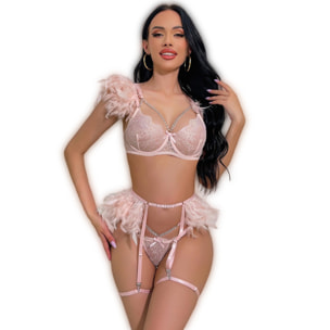 Conjunto de sujetador de cadena de encaje plumas rosas