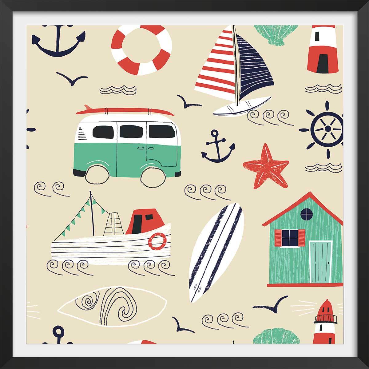 Affiche enfant vacances à la mer Affiche + cadre en bois - Noir