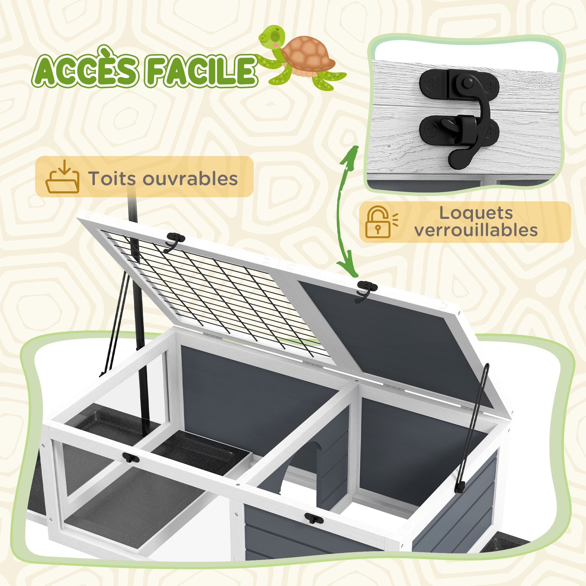 Maison enclos cage pour tortue petit animal avec 2 espaces support lampe réglable bois gris blanc