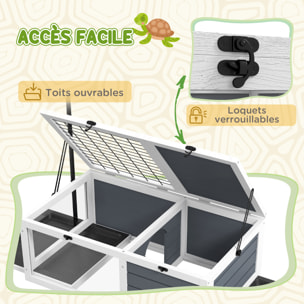 Maison enclos cage pour tortue petit animal avec 2 espaces support lampe réglable bois gris blanc