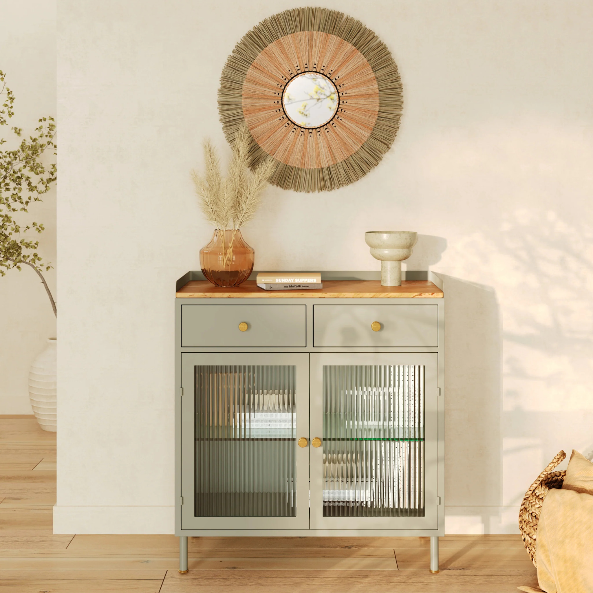 Buffet 2 portes 2 tiroirs en métal vert, manguier et verre - Marnie