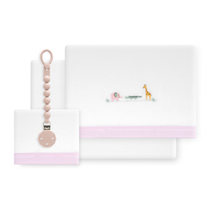 Triptico Cuna Coralina Modelo Savanna Jirafa + Broche Bco/Rosa