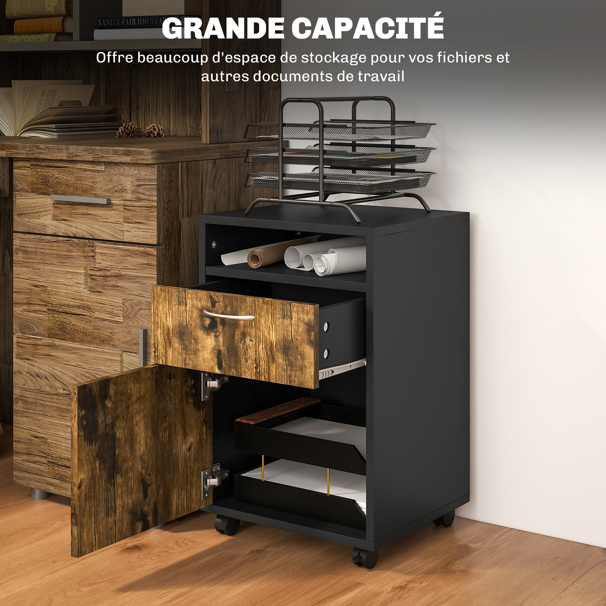 Caisson de bureau rangement bureau sur roulettes tiroir placard niche panneaux particules brun rustique