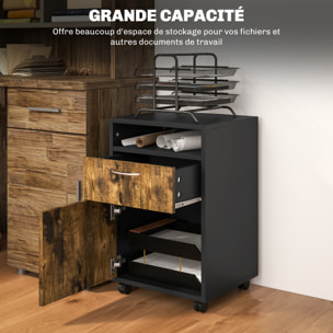 Caisson de bureau rangement bureau sur roulettes tiroir placard niche panneaux particules brun rustique
