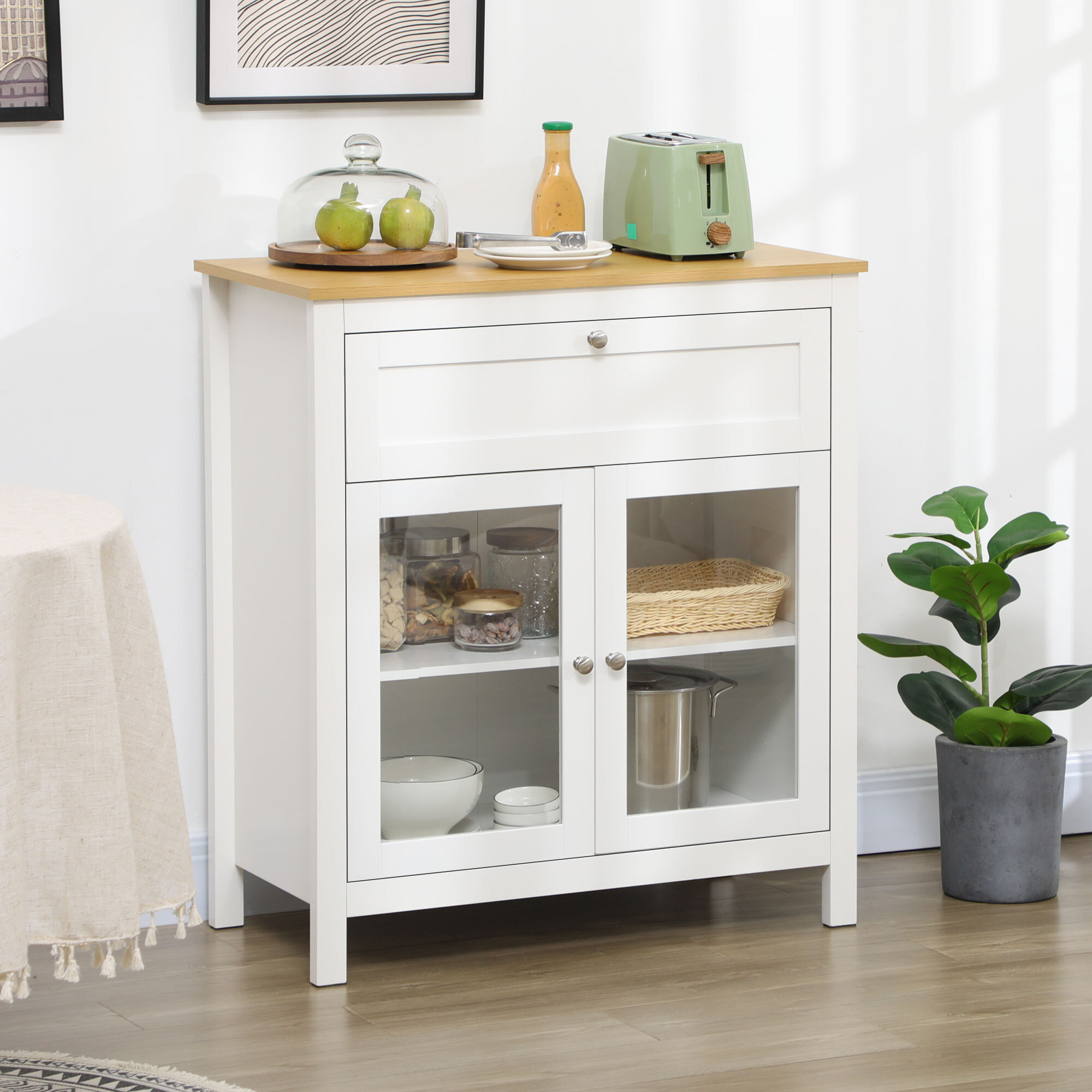 Aparador de Cocina Moderno Mueble Buffet Auxiliar con Cajón Estante Ajustable y 2 Puertas de Vidrio para Salón Comedor 80x40x90 cm Blanco