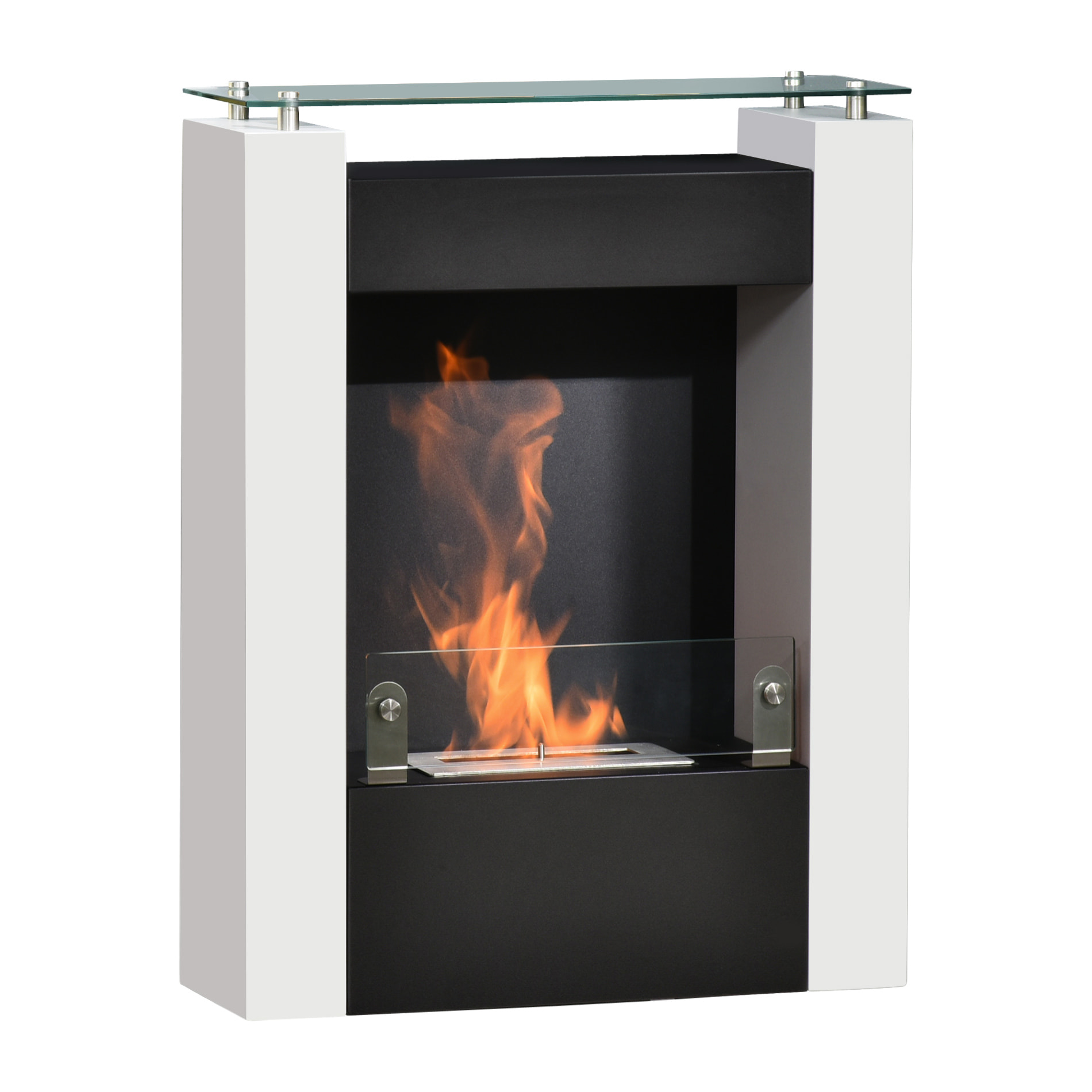 Cheminée bioéthanol design contemporain - étagère, pare-feu verre trempé 6 mm - brûleur 1,5 L - contrôle de flamme et manche inclus - acier noir blanc