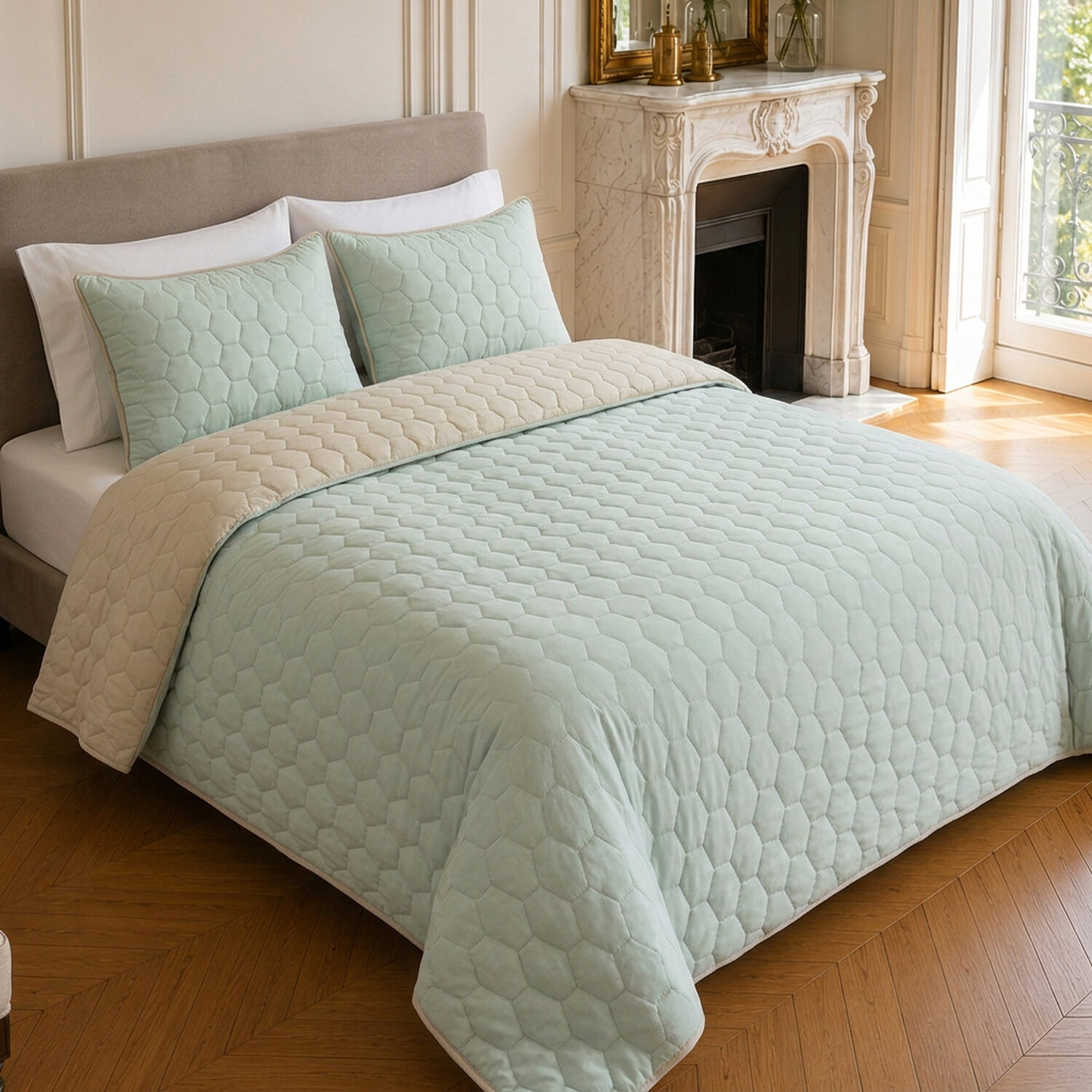 Couvre-lit matelassé réversible 100% polyester bicolore vert givrée - NAZIM