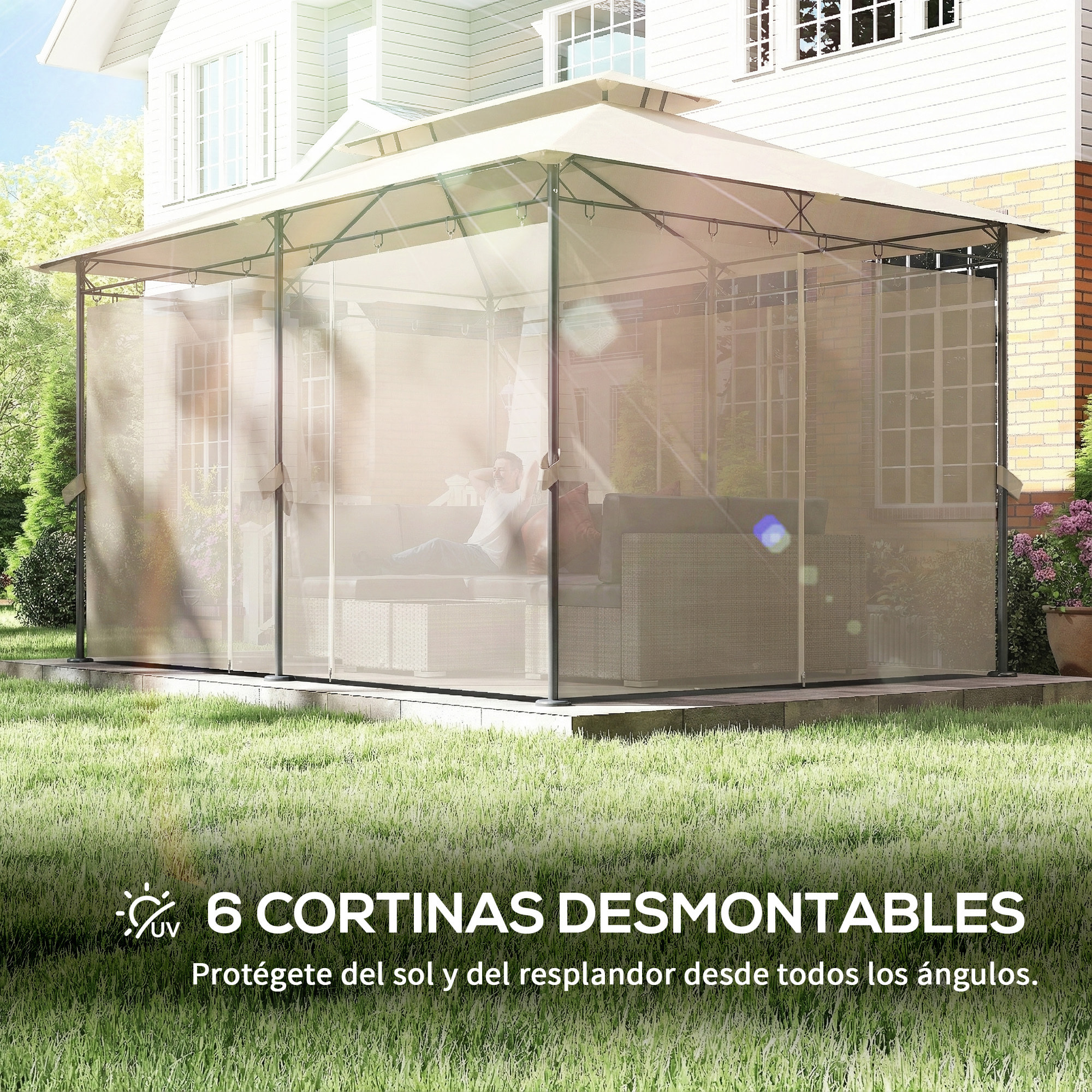 de Jardín 4x3 m, Pabellón de Jardín Gazebo con Doble Techo, 6 Paredes Laterales, Estructura Metálica, Orificios de Drenaje, Carpa para Exterior, Terraza, Patio, Beige