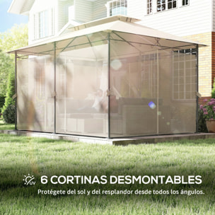 de Jardín 4x3 m, Pabellón de Jardín Gazebo con Doble Techo, 6 Paredes Laterales, Estructura Metálica, Orificios de Drenaje, Carpa para Exterior, Terraza, Patio, Beige