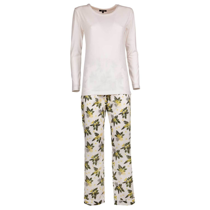 Pigiama leggero DONNA cotone bianco fiori gialli e verdi