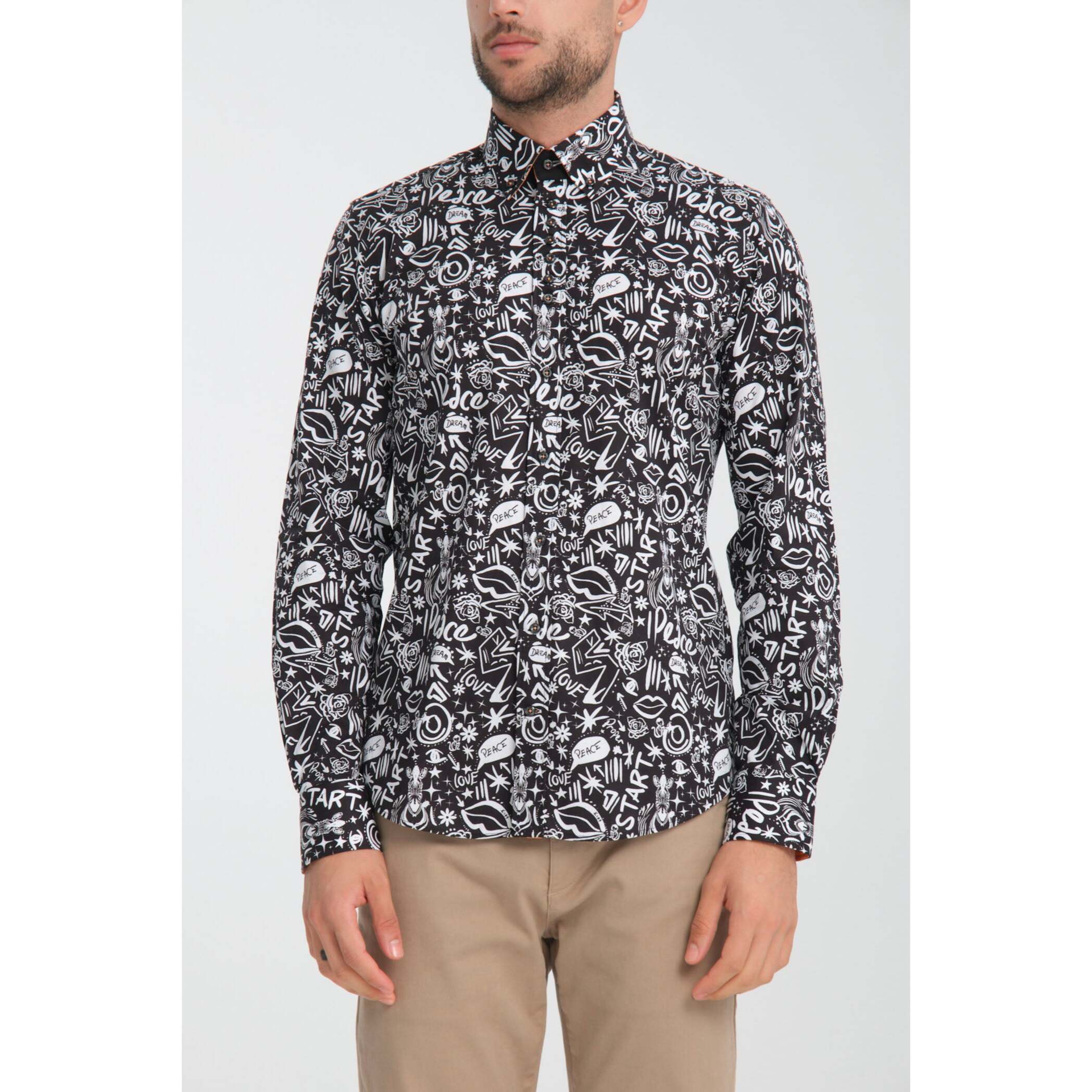 Camicia Uomo 1 Bottoni Button Down Slim Popeline Stretch Stampato Nero/Bianco