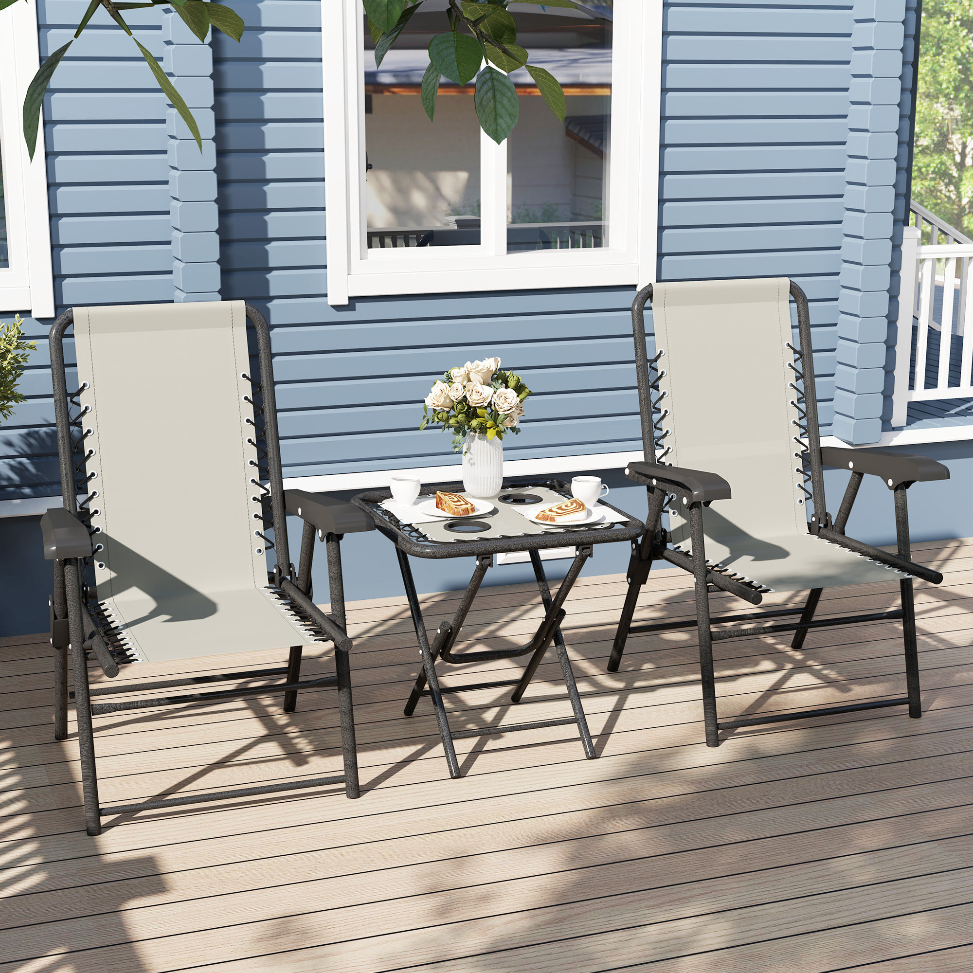 Conjunto de Mesa y Sillas de Terraza Exterior de 3 Piezas Muebles de Jardín Exterior Plegables con Estructura de Acero y Portavasos para Patio Crema