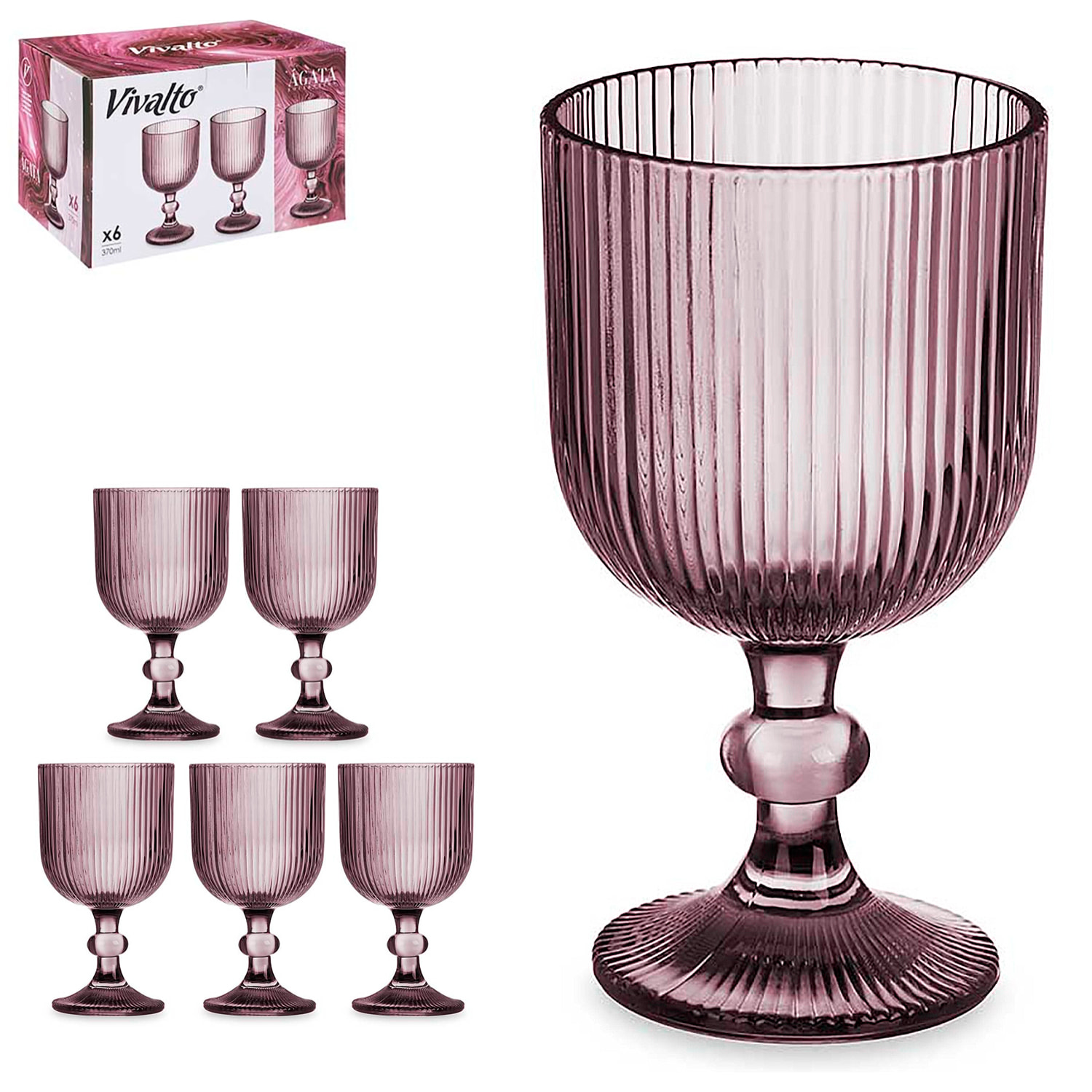 PACK 6 COPAS AGUA 370ML ROSA RAYAS