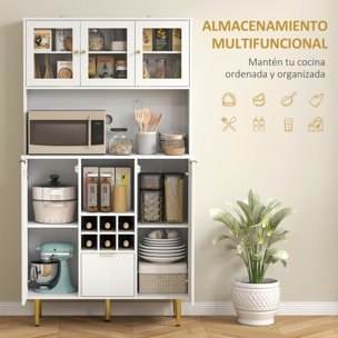 Alacena de Cocina Mueble Auxiliar de Cocina Aparador Alto con 3 Puertas de Vidrio Botellero Cajón Estantes Ajustables y Compartimentos Abiertos 100x40x180 cm Blanco