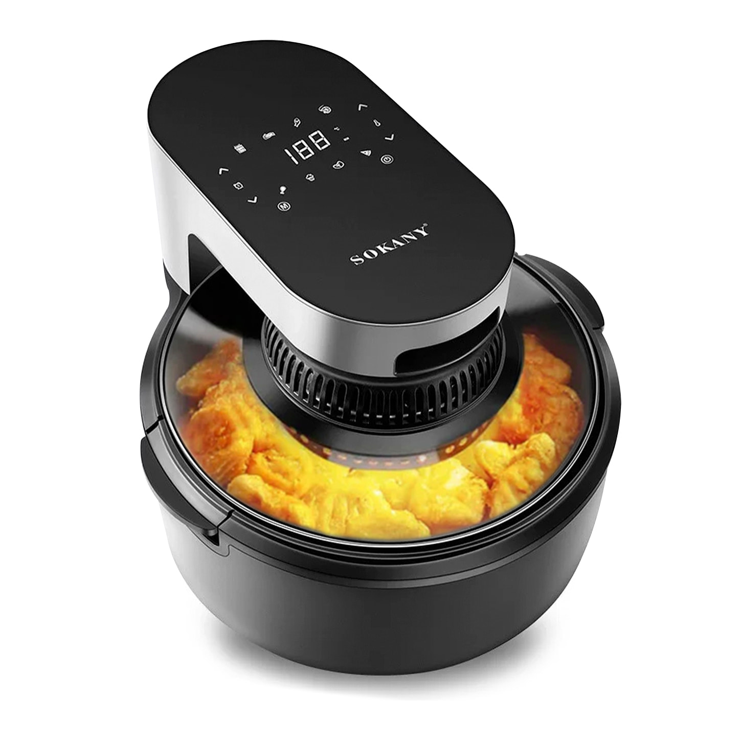 Friggitrice ad aria senza olio 1100w 5,5L pannello LED touch multifunzione. Design esclusivo del vaso con visione a 360°.