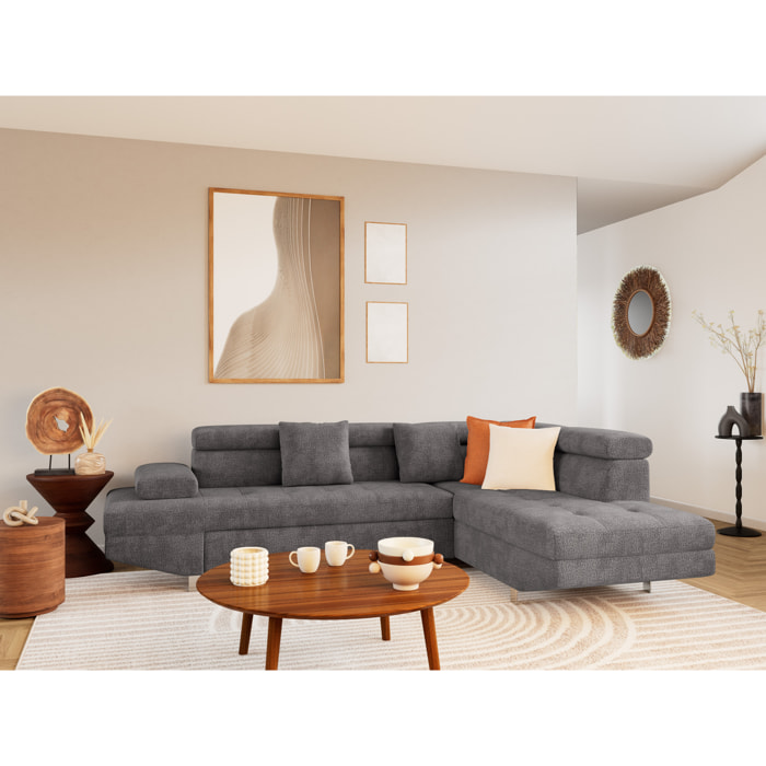 Margaux - Canapé d'angle droit 5 places convertible avec coffre et têtières réglables en velours texturé - Gris