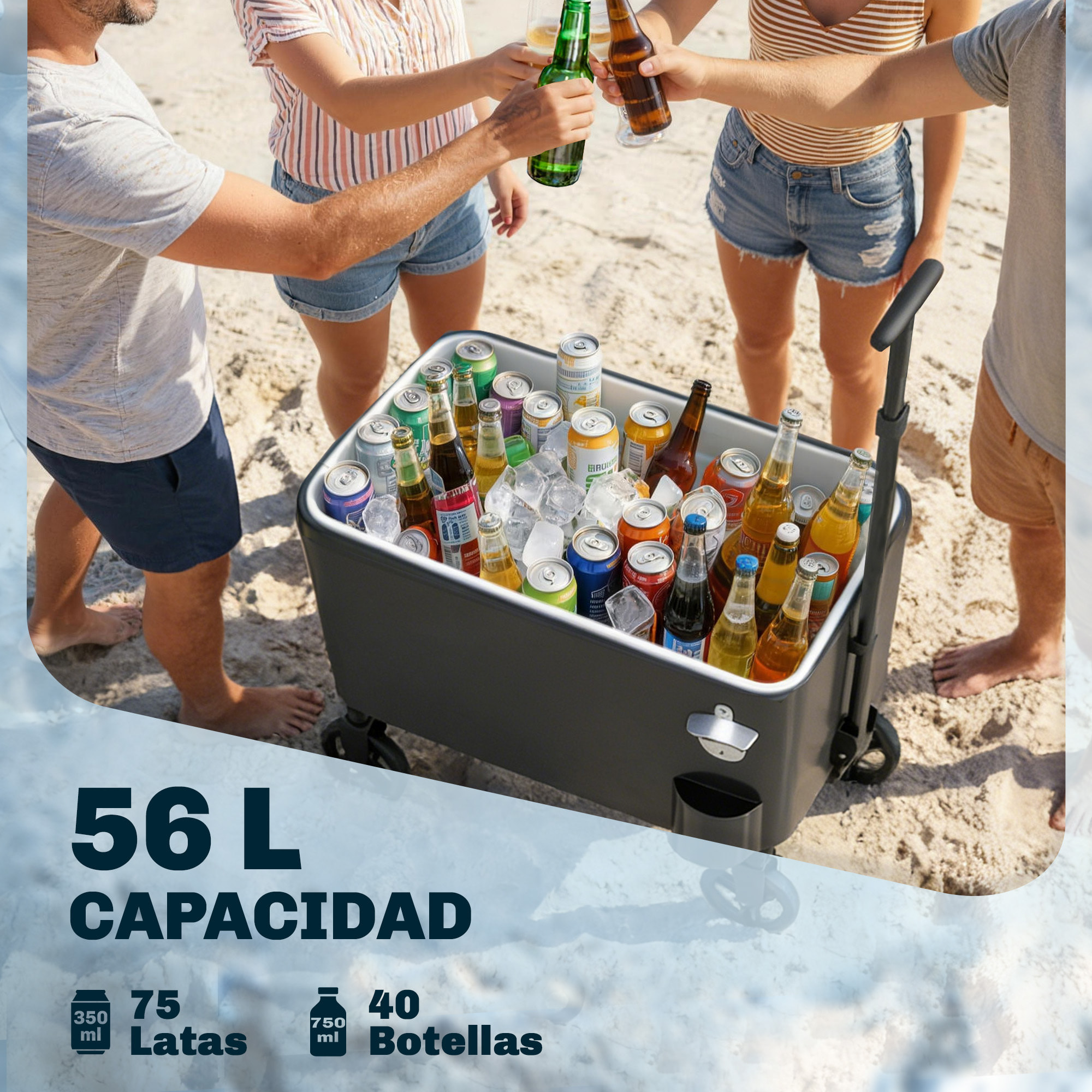 Carrito Nevera de 56L con Ruedas, Carro de Bebidas con Mango Ajustable, Abrebotellas, Recogetapas, Drenaje y Asa, Mesa Nevera Jardín Exterior para Patio, Fiesta, BBQ, 75x35x120 cm, Negro