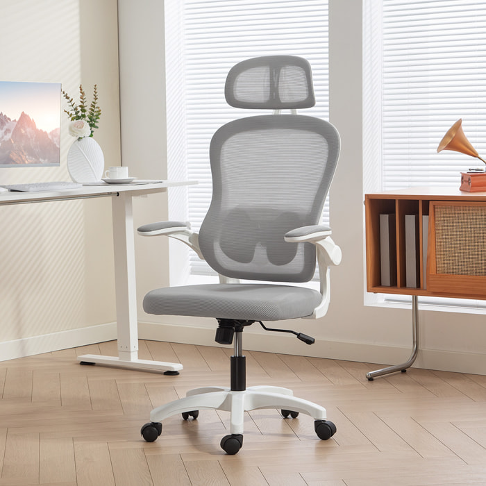 Chaise bureau ergonomique accoudoirs relevables tissu maille gris blanc
