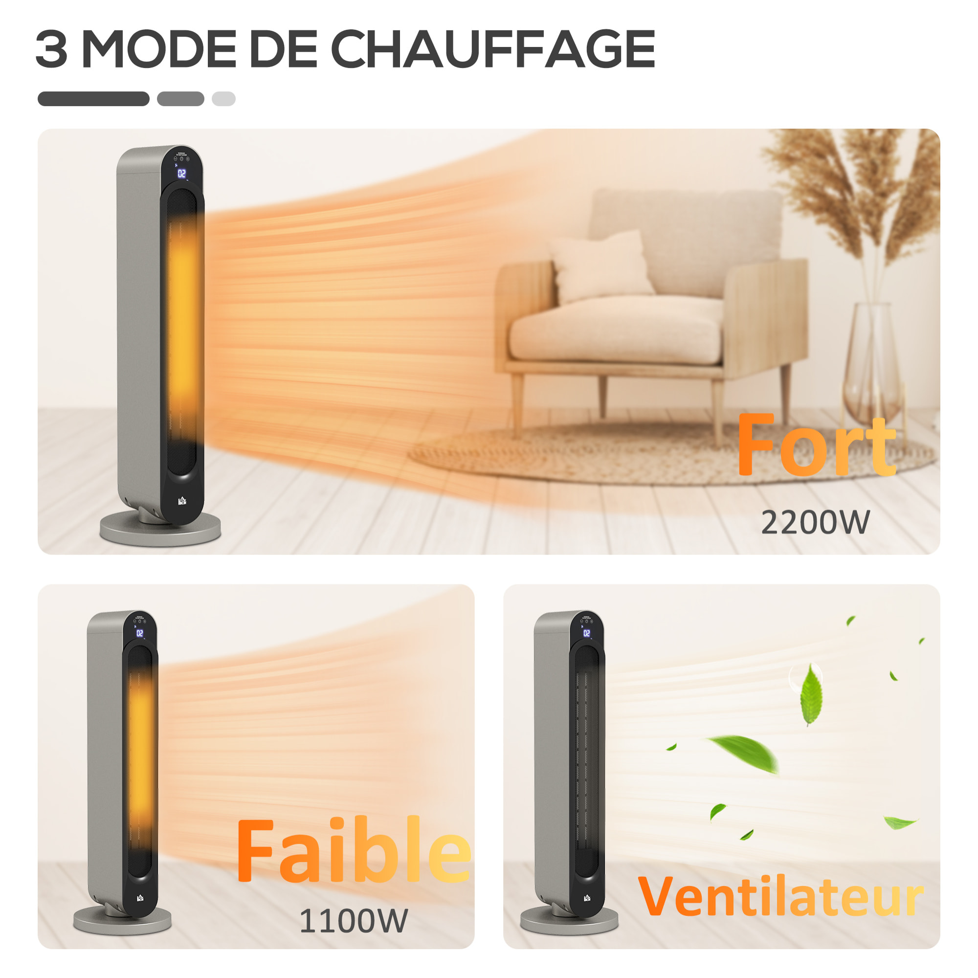 Chauffage soufflant oscillant 1100/2200 W - mini radiateur céramique PTC - télécommande incluse - chauffage d'appoint gris noir