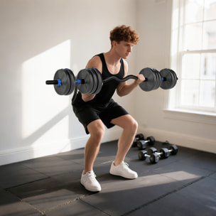Ensemble d'haltères musculation multifonction 3 en 1 - haltères, Olympic barre, Curl EZ barre - total 25Kg - PVC bleu noir