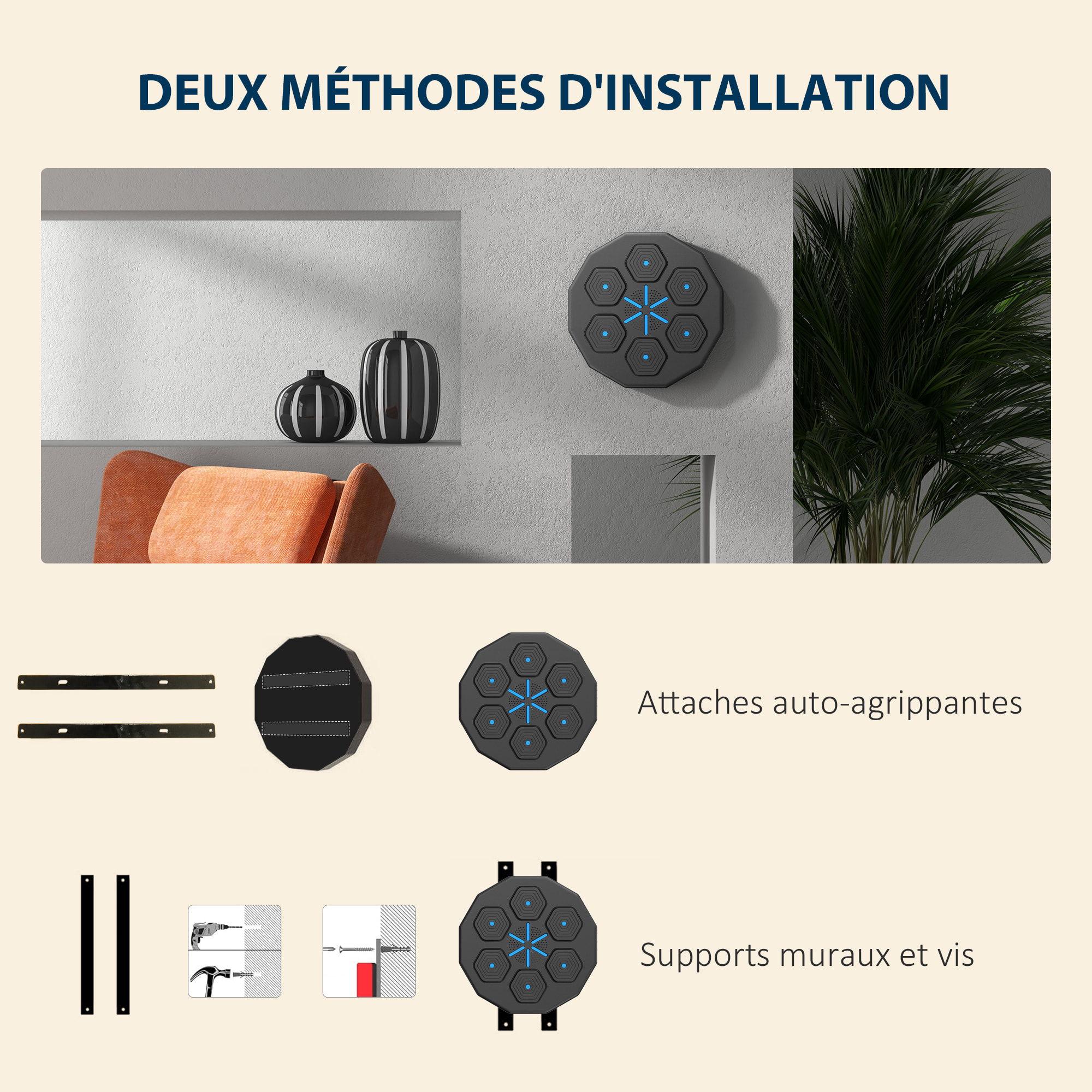 Machine de boxe musicale murale avec lumières - connexion bluetooth, charge USB - noir