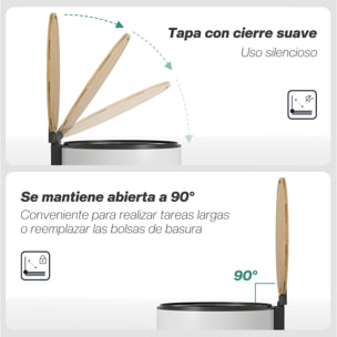 Cubo de Basura Cocina con Pedal, 30L, Papelera de Cocina Metálico con Tapa de Cierre Suave y Cubo Extraíble, para Dormitorio, Oficina, Estudio y Salón, 36x30x60,5 cm, Blanco y Madera Natural