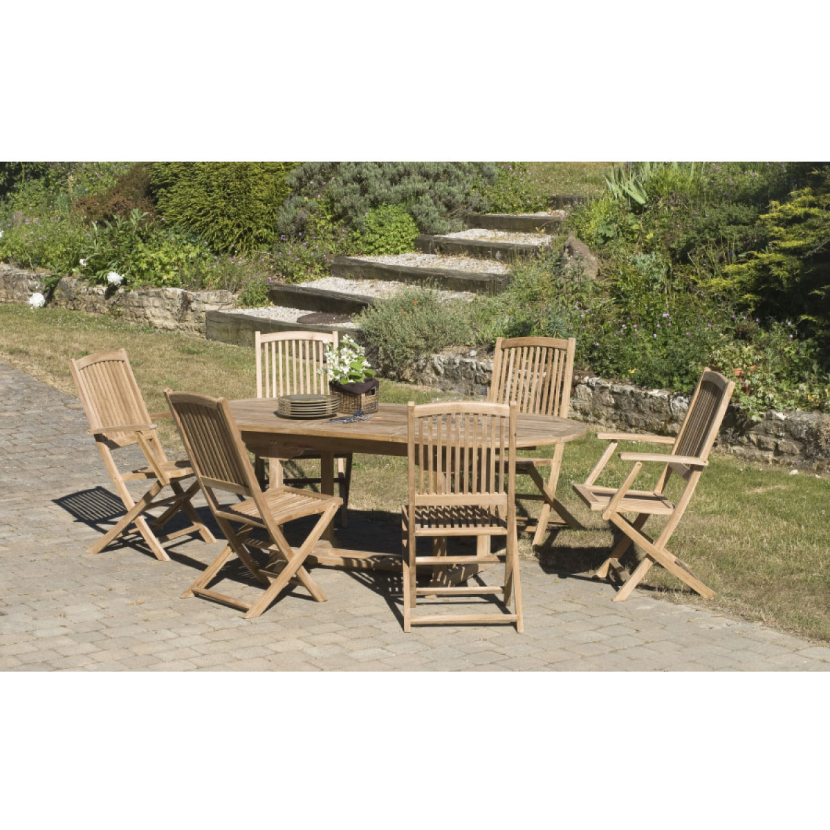 HARRIS - SALON DE JARDIN EN BOIS TECK 8/10 pers - 1 Table ovale extensible 180*240/100 cm 4 chaises et 2 fauteuils