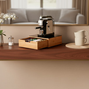 Porta Cialde In Bambù Con Cassetto 4 Scomparti R Ripiano in Vetro Organizer Capsule Caffè Cialde Bustine Tè Tisane Zucchero Design 30 x 30 x 10 Cm