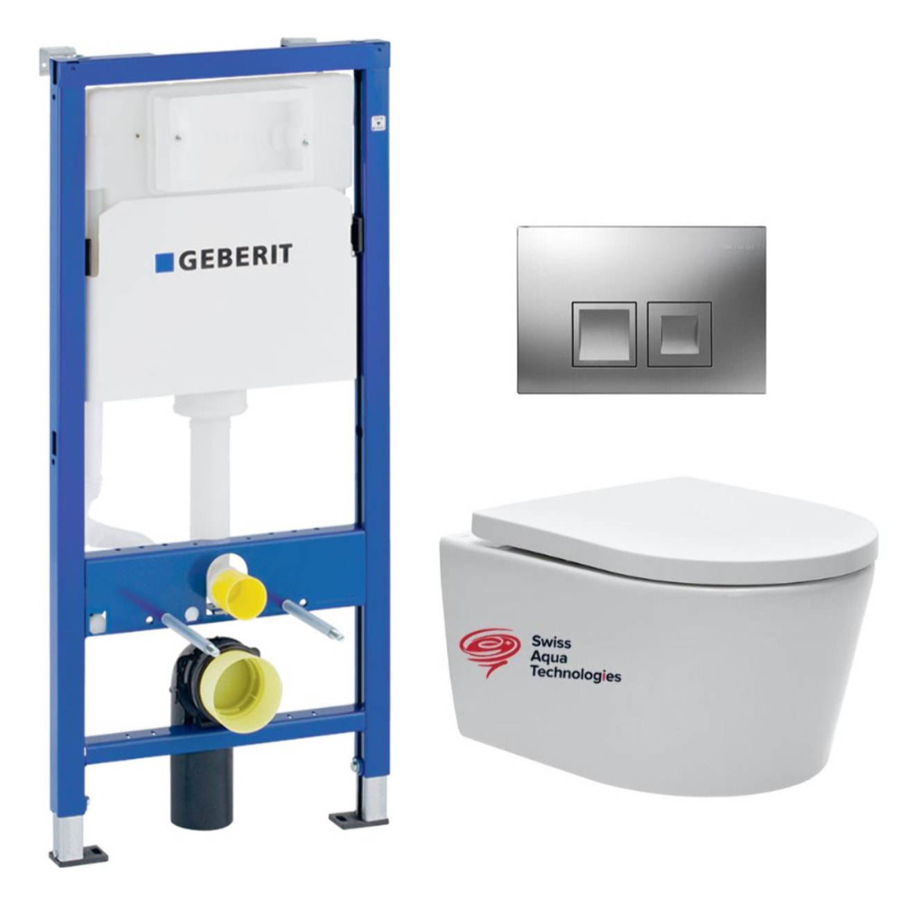 Pack WC bati-support Geberit + cuvette suspendue Swiss Aqua Technologies sans bride + plaque (SATRIMLESSGEB2)