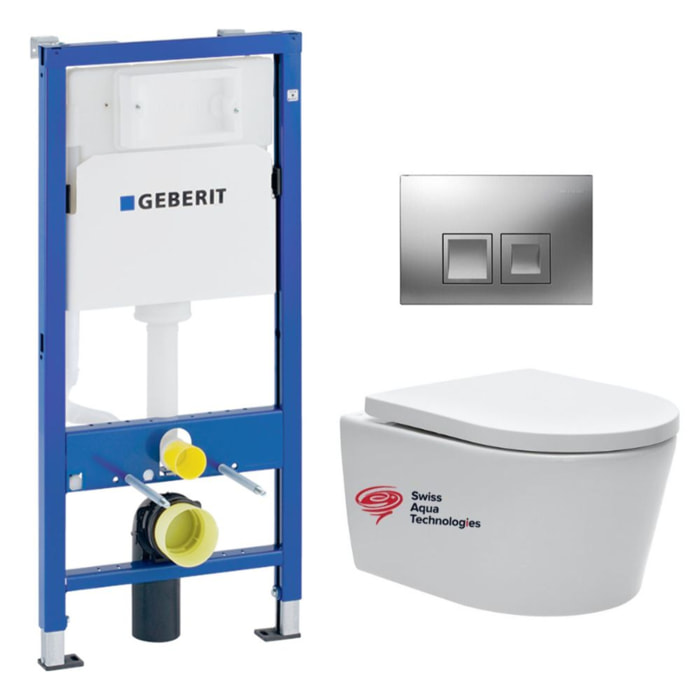 Pack WC bati-support Geberit + cuvette suspendue Swiss Aqua Technologies sans bride + plaque (SATRIMLESSGEB2)