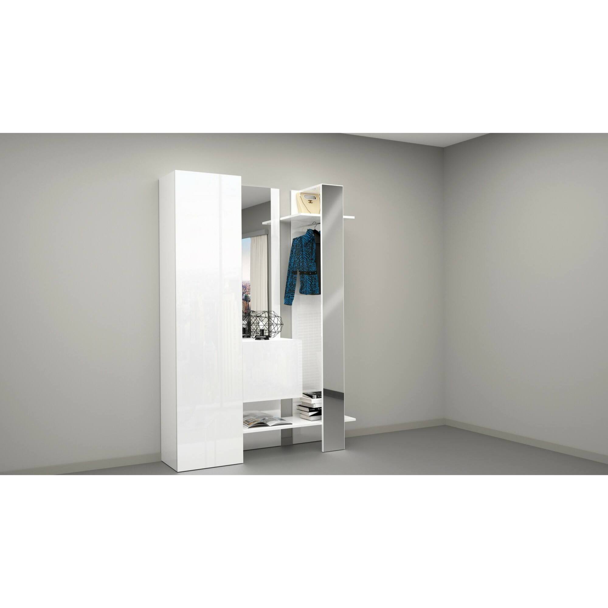 Mobile da ingresso Dcriscion, Armadietto multifunzione a 2 ante, Appendiabiti da parete con 2 specchi, 140x35h190 cm, Bianco