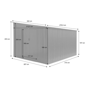 Abri de jardin acier 8.96m² avec kit d'ancrage anthracite L 277.5 x l 322 x H 203 cm - Ornay